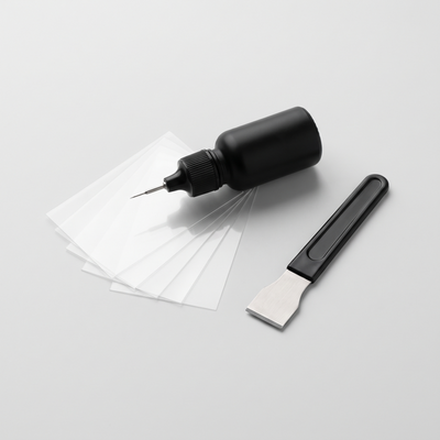 ALLSOP GlassFix windshield repair kit: resin applicator, curing films and razor blade