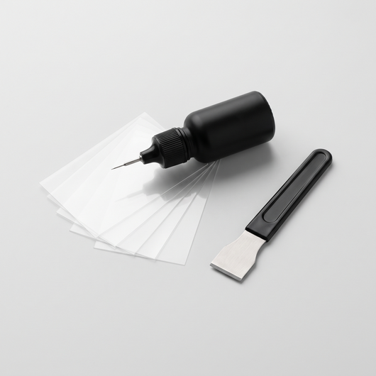 ALLSOP GlassFix windshield repair kit: resin applicator, curing films and razor blade